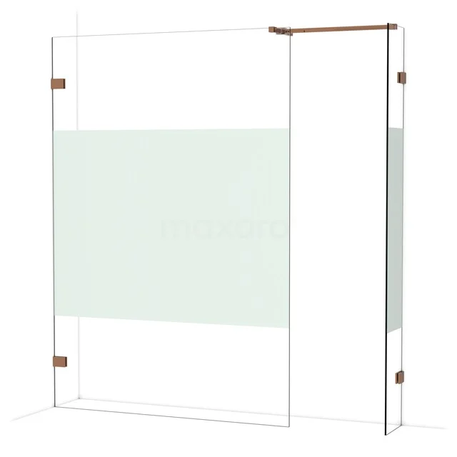 Glazen douchewand met mat witte band, bronskleurige scharnieren en minimalistisch ontwerp, ideaal voor moderne badkamers.