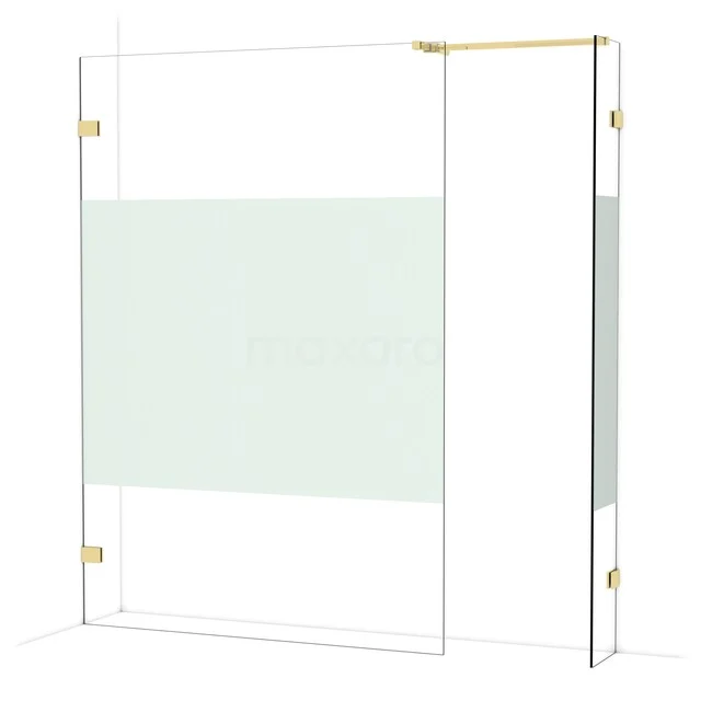 Glass shower wall with gold accents and a matte strip, perfect for a modern bathroom.
