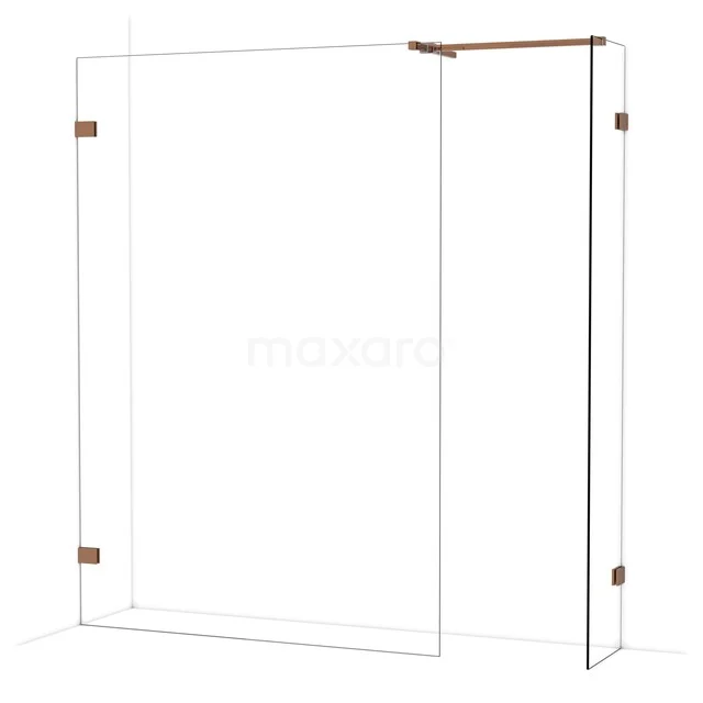 Douchewand met koperkleurige details, frameloos design, helder glas, ideaal voor een moderne badkamerinrichting.
