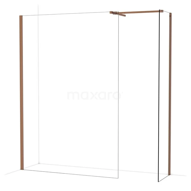 Douchewand met helder glas en stijlvolle roségouden profielen, perfect voor een moderne badkamerinrichting.