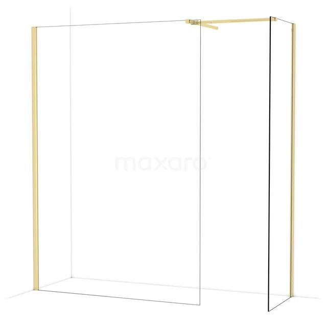 Shower wall with gold-coloured frame, clear glass. Luxury design, suitable for modern bathroom. Elegant appearance, durable material.
