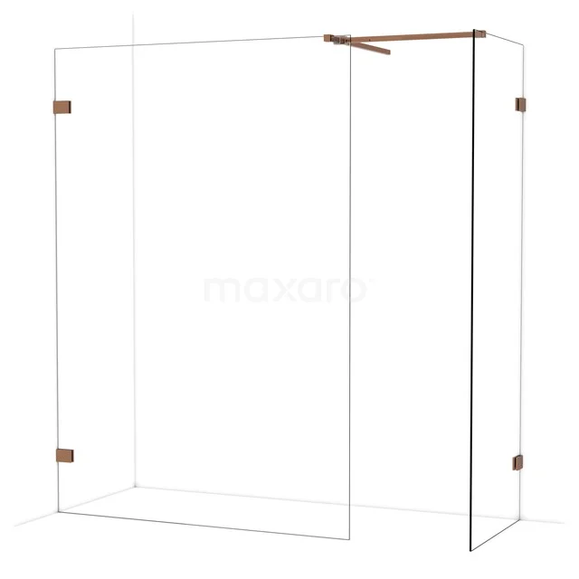 Duschwand Glas mit Kupferdetails, moderne rechte Form, ideal für stilvolle Badezimmergestaltung.