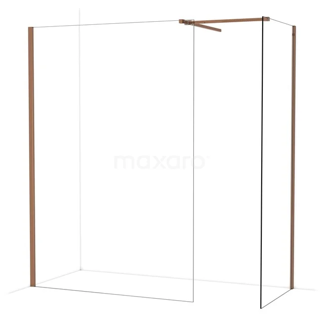 Douchewand mat goud met helder glas, hoekopstelling, modern design. Perfect voor luxe badkamerinterieurs.