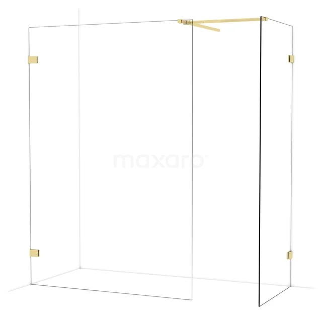 Glass shower wall with gold accents, sleek design for modern bathrooms, part of a luxury series.
