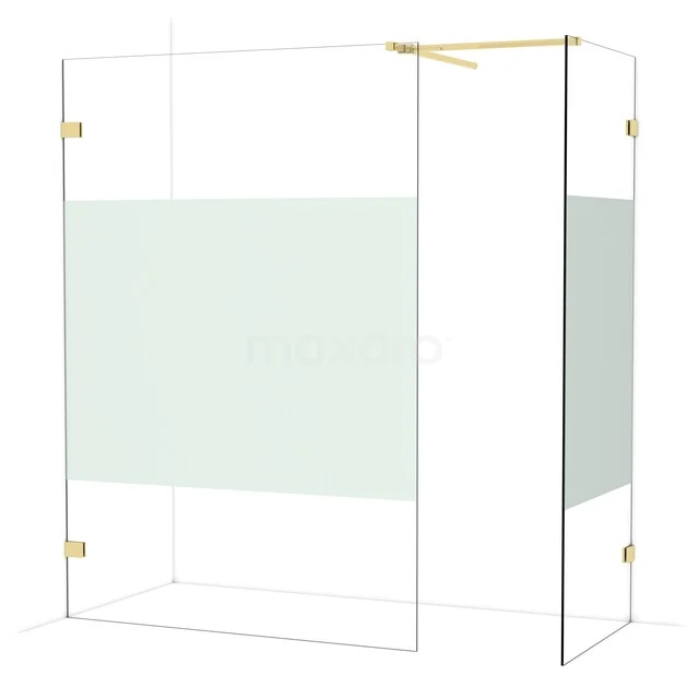 Diamond Walk-in shower | 140x80 cm Glossy light gold Clear with matt strip 2 fixed walls IDB1408523GLG Glazen douchewand met mat wit paneel, goudkleurige bevestigingen en hoekontwerp, ideaal voor een stijlvolle badkamer.