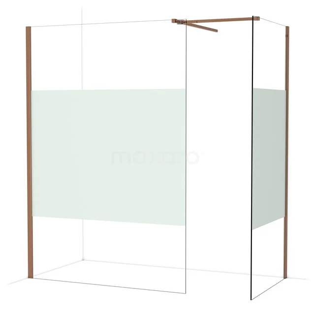 Diamond Walk-in shower | 140x90 cm Shiny copper Clear with matt strip 2 fixed walls IDB1409513GKP Glazen inloopdouche met mat witte middenstrook en houten accenten, ideaal als stijlvolle toevoeging in moderne badkamers.