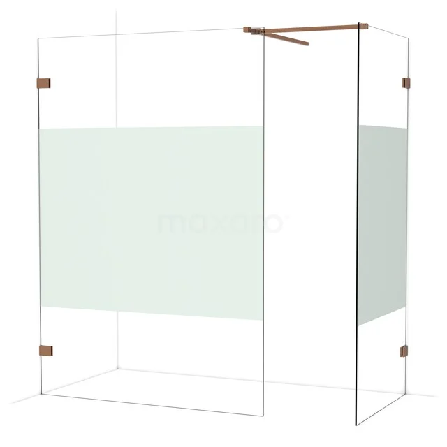 Glazen douchewand met mat wit paneel, hoekopstelling en messing bevestigingen; stijlvolle toevoeging voor moderne badkamers.