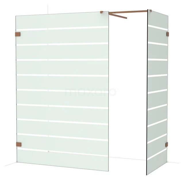 Glas Duschwand mit Matt Weiß Streifen, Eckform, metallische Befestigungen; stilvolle Ergänzung für ein modernes Badezimmer.