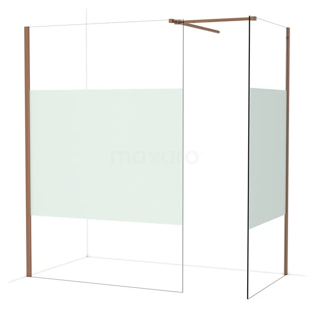 Begehbare Duschen IDB1410513GKP Duschwand mit Kupferprofilen, Klarglas und mattem Glasstreifen, modernes Design ideal für stilvolle Badezimmergestaltung.