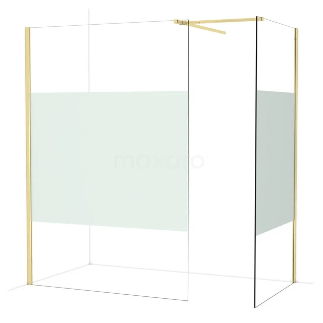 Douchewand met goudkleurig frame, transparant glas en matgelasde strook, ideaal voor een moderne badkamer.