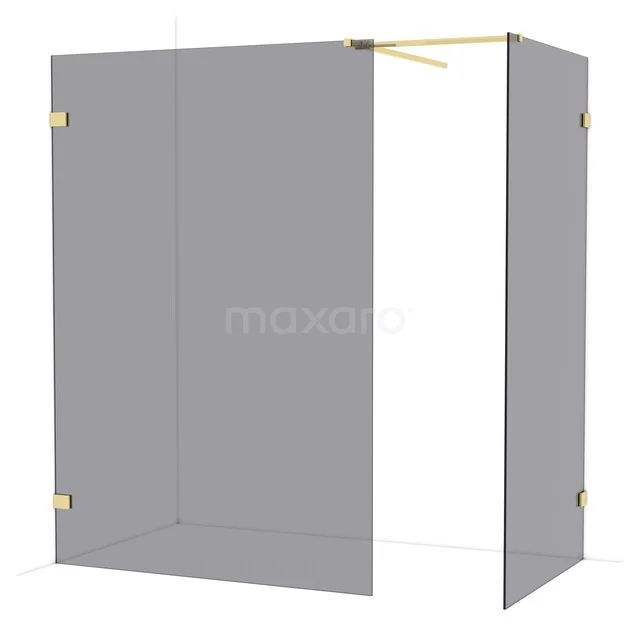 Gold-coloured walk-in shower with two glass walls, minimalist design, suitable for modern bathrooms.