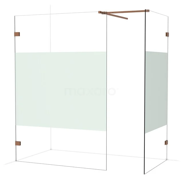 Eck-Duschwand mit Klarglas, mattem Teil und kupferfarbenen Details; stilvolle Ergänzung für modernes Badezimmer.