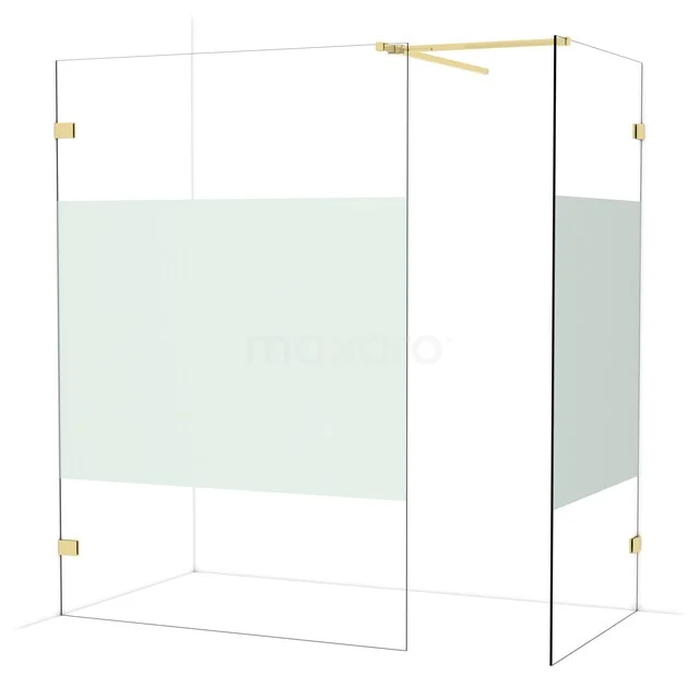 Diamond Walk-in shower | 140x100 cm Glossy light gold Clear with matt strip 2 fixed walls IDB1410523GLG Gouden douchewand met helder glas, voorzien van matglazen strook; stijlvolle afscheiding voor een moderne badkamer.