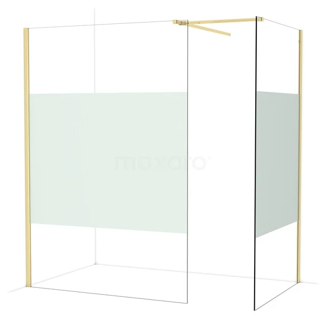 Shower wall with gold profiles, glass panels and a matte white middle strip, ideal for a luxury bathroom style.