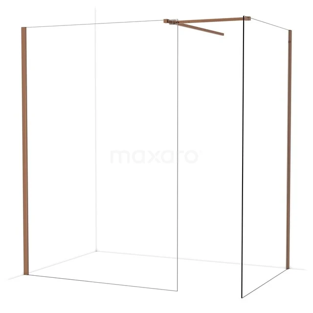 Douchewand glas met koperkleurige profielen, minimalistisch design; ideaal voor moderne badkamerinrichting.