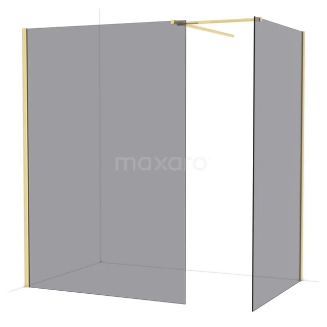 Matte zwarte walk-in douchecabine met gouden profielen, minimalistisch ontwerp geschikt voor een moderne badkamer.