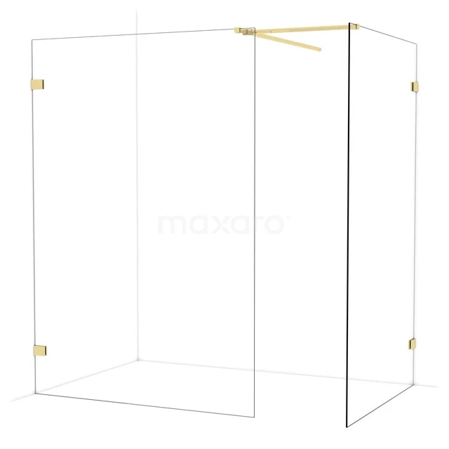 Glazen douchewand met goudkleurige details, strakke vormgeving, ideaal voor luxe badkamerinterieur.