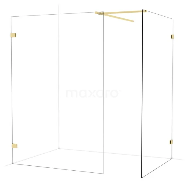 Diamond Walk-in shower | 140x130 cm Glossy light gold Clear glass 2 fixed walls IDB1413520GLG Glazen douchewand met goudkleurige details, minimalistisch design, ideaal voor een moderne badkamer.