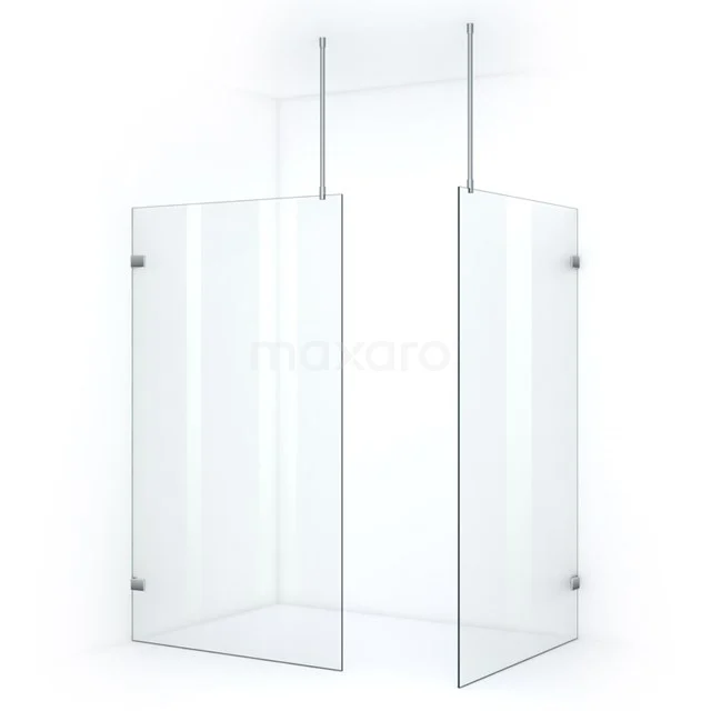 Transparent glass shower screen with sleek design, ideal for modern bathrooms, including ceiling supports for extra stability.