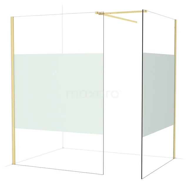 Diamond Walk-in shower | 140x140 cm Shiny light gold Clear with matt strip 2 fixed walls IDB1414513GLG Glass shower wall with gold-coloured frame, minimalist design and frosted glass detail, perfect for a modern bathroom.