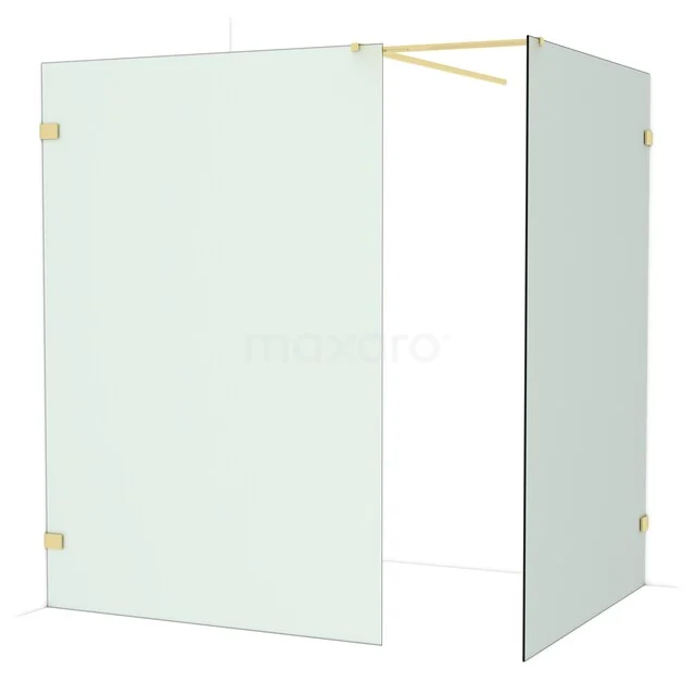 Walk-in shower with transparent safety glass and gold-coloured hinges, modern design for a stylish bathroom decor.