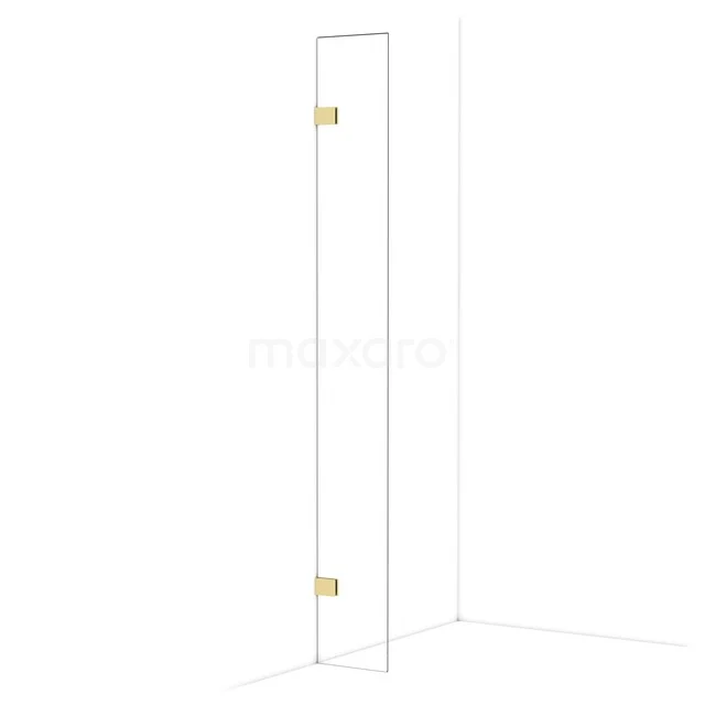 Glass shower wall with gold hinges, sleek design for modern bathroom.
