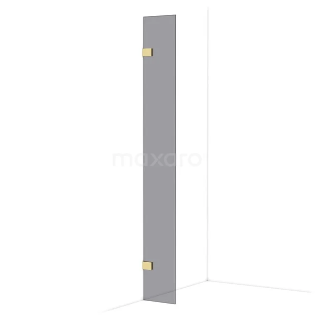 Grijze radiator met goudkleurige bevestigingen, verticale designradiator geschikt voor moderne badkamers.