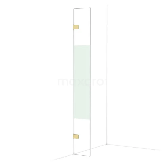 Glass shower wall with gold-coloured hinges, slim design, ideal for modern bathrooms.