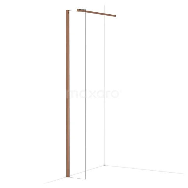 Minimalistische Duschwand mit Eckprofil in warmer Holzoptik, Glas und raumsparendem Design für ein modernes Badezimmer.