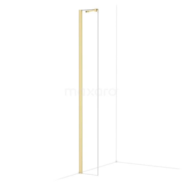 Gold-coloured walk-in shower profile made of stainless steel with clear glass, modern design for a stylish bathroom decor.