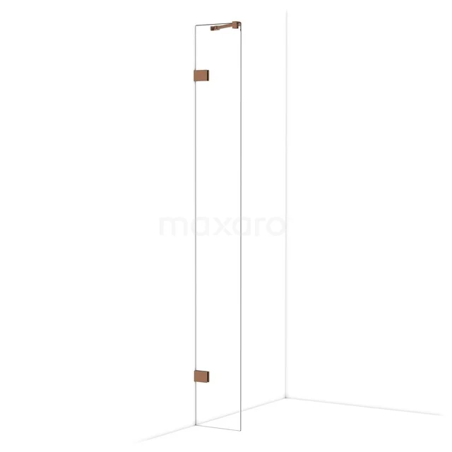 Glasene Duschtür mit Eckmontage, Messingscharniere und minimalistischem Design, ideal für moderne Bäder.