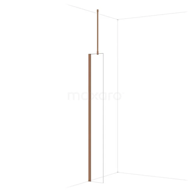 Minimalistische Duschwand in Eckaufstellung, transparentes Glas mit roségoldenem Profil, ideal für moderne Bäder.