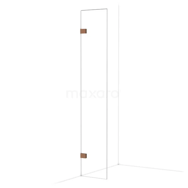 Glazen douchedeur met hoekmontage, transparant design, messing scharnieren, ideaal voor moderne badkamerinterieurs.