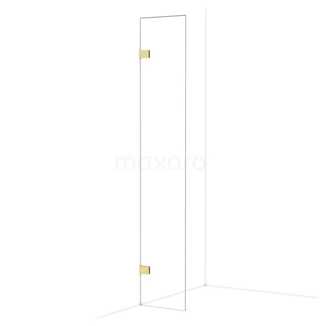 Glazen douchedeur met gouden scharnieren, minimalistisch design, ideaal als moderne badkamer scheidingswand.