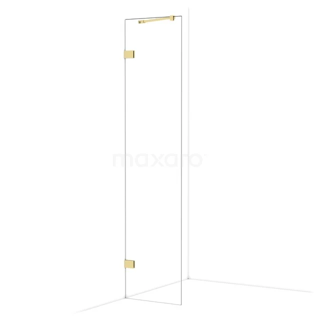 Glazen douchedeur met goudkleurige scharnieren, modern design, ideaal voor stijlvolle badkamerinrichtingen.