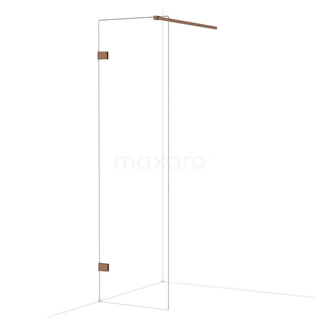 Glazen inloopdouche met mat gouden scharnieren en stang, minimalistisch design, perfect voor een moderne badkamer.