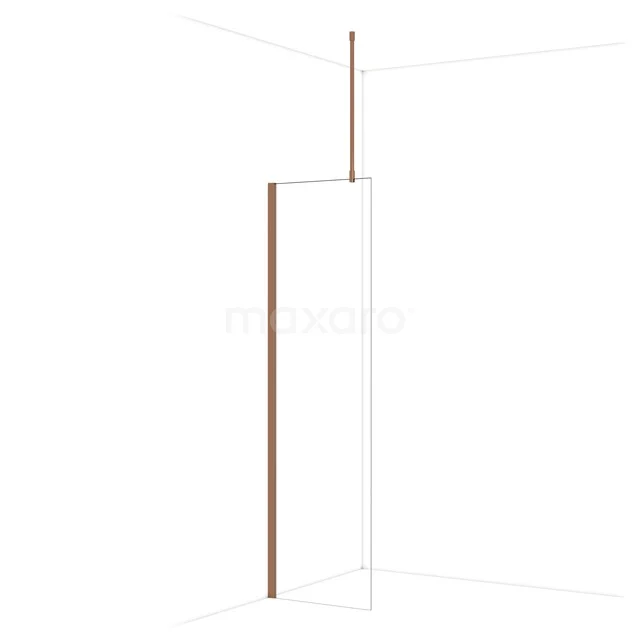 Minimalistische Glasduschwand mit kupferfarbenem Profil, ideal für eine stilvolle und moderne Badezimmergestaltung.