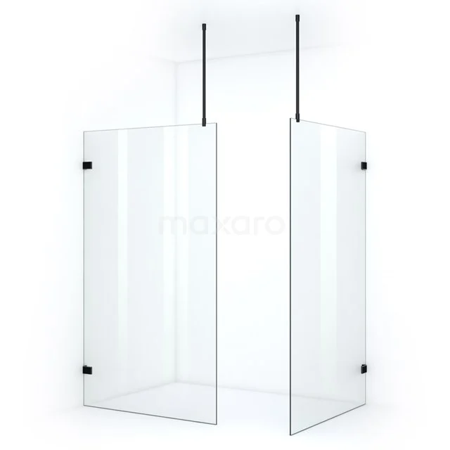 Glass shower screen with clear glass and black hinges, minimalist design, ideal for modern bathrooms.