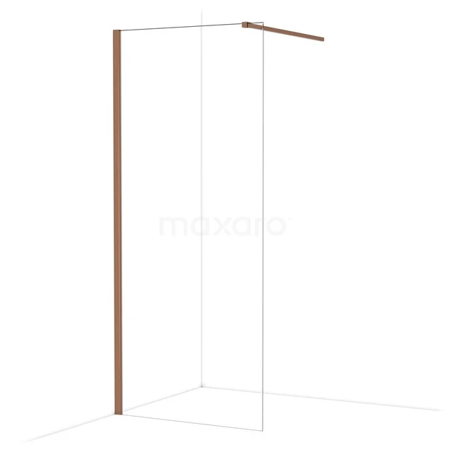 Op maat douchewand wit met hoekprofiel in bronskleur, minimalistische stijl en stevig glas; perfect voor een moderne badkamer.