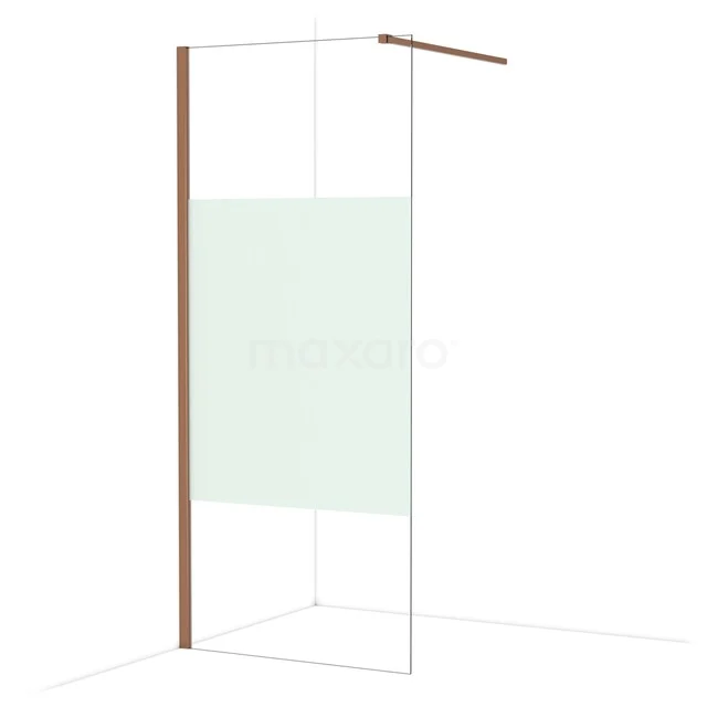 Transparante inloopdouche met koperen accenten en matglazen detail, ideaal voor een moderne badkamerstijl.