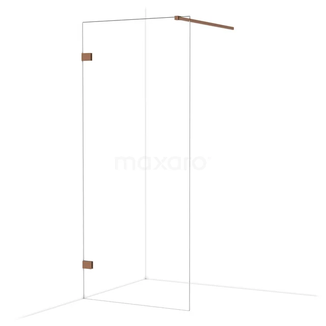 Begehbare Dusche mit Eck-Einstieg, Klarglas, roségoldene Scharniere und Stabilisationsstange, modernes Design für das Badezimmer.