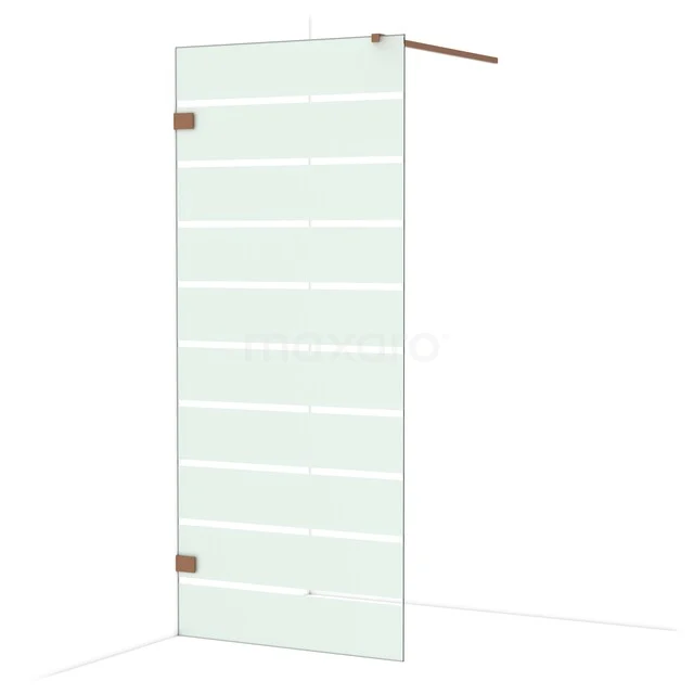 Diamond Walk-in shower | 90 cm Shiny copper Clear with matt stripes Fixed wall IDA09126GKP Glazen douchedeur met horizontale lijnen, helder glas, roestvrijstalen scharnieren en stabilisatiestang, modern badkamerdesign.