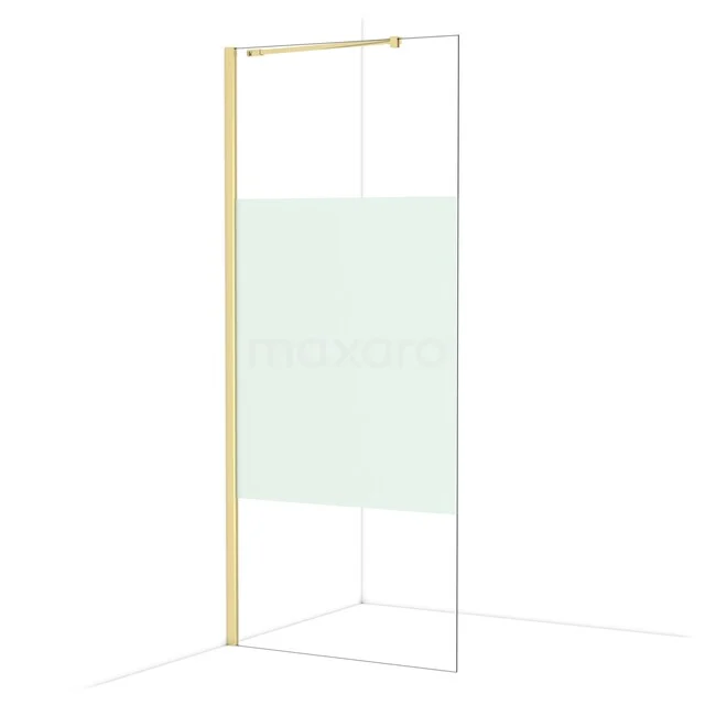 Glass shower wall with gold-coloured profile, modern appearance, frosted glass detail for privacy in a stylish bathroom.