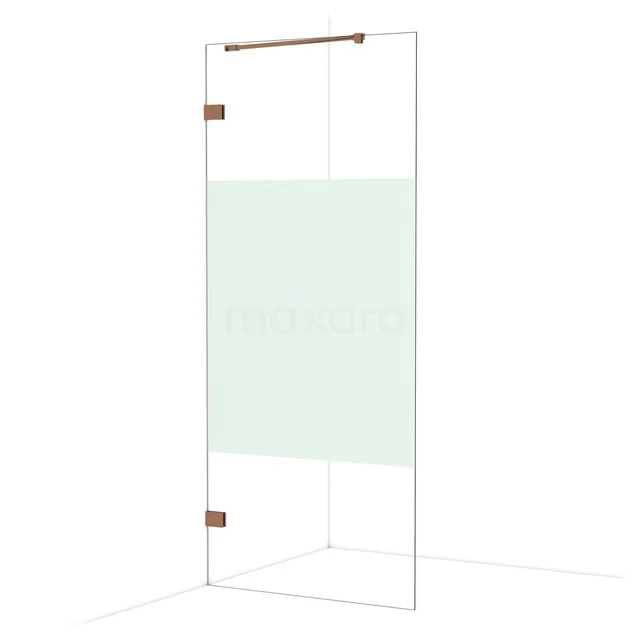 Douchewand glas met mat wit paneel, rosegoud beslag, modern design, ideaal voor stijlvolle en eigentijdse badkamers.