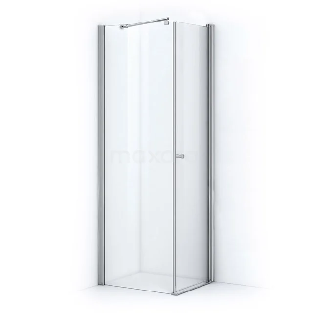 Glass shower door with silver frame, space-saving design, perfect for modern bathrooms.