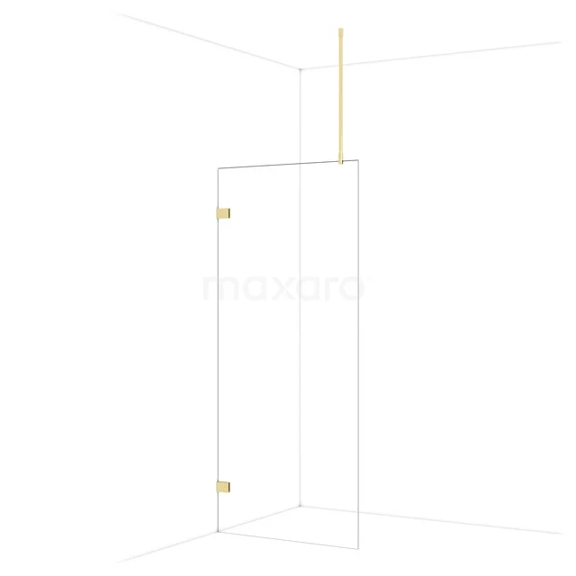 Glazen douchedeur met gouden scharnieren, minimalistisch design en wandbevestiging, ideaal voor een moderne badkamer.