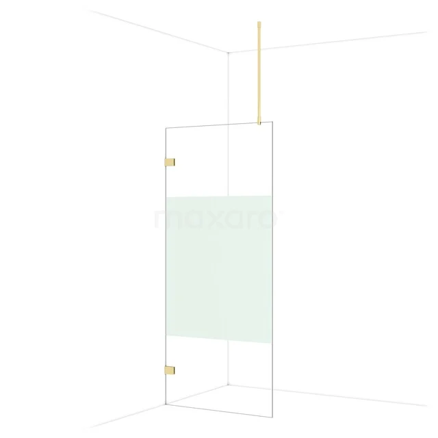 Glass shower wall with gold-coloured hinges, minimalist design, perfect for a modern bathroom style.