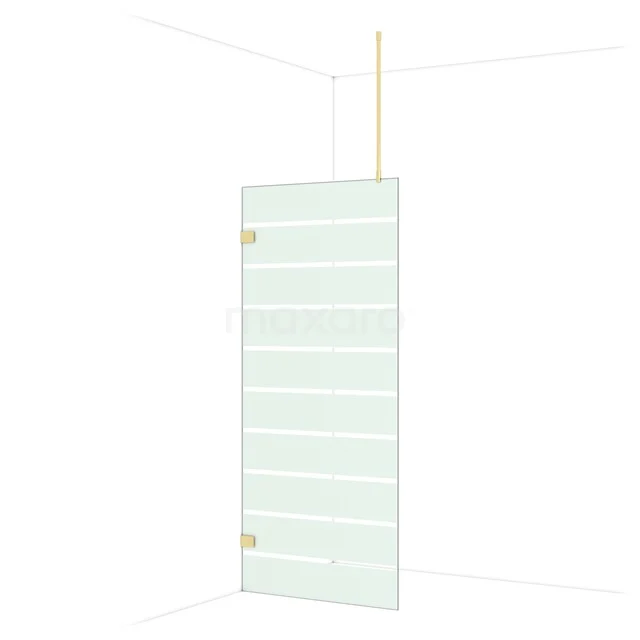 Glass shower wall with horizontal stripes, clear glass, brass details, ideal for a stylish bathroom decor.