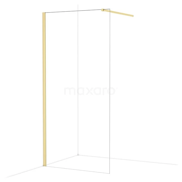 Golden walk-in shower with minimalist glass screen, ideal for a modern bathroom style.