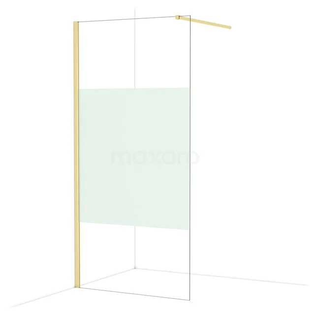 Glazen douchewand met mat witte sticker, messing profiel en minimalistisch design. Perfect voor een stijlvolle badkamer.